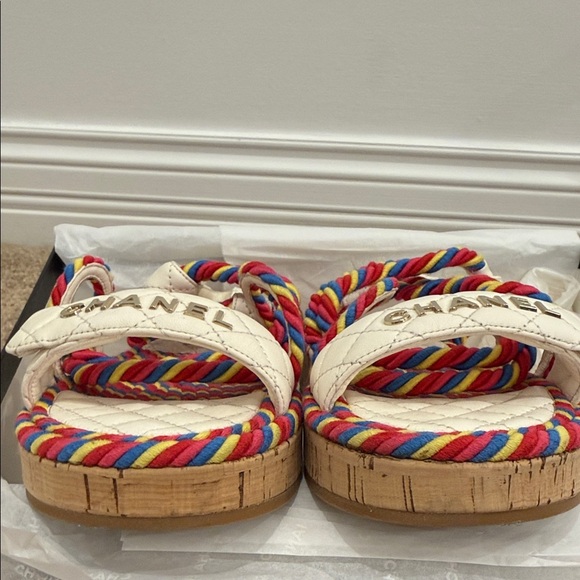 CHANEL Multicolor Rope Quilted Sandals Gold Logo Size 37 EU Excellent Condition